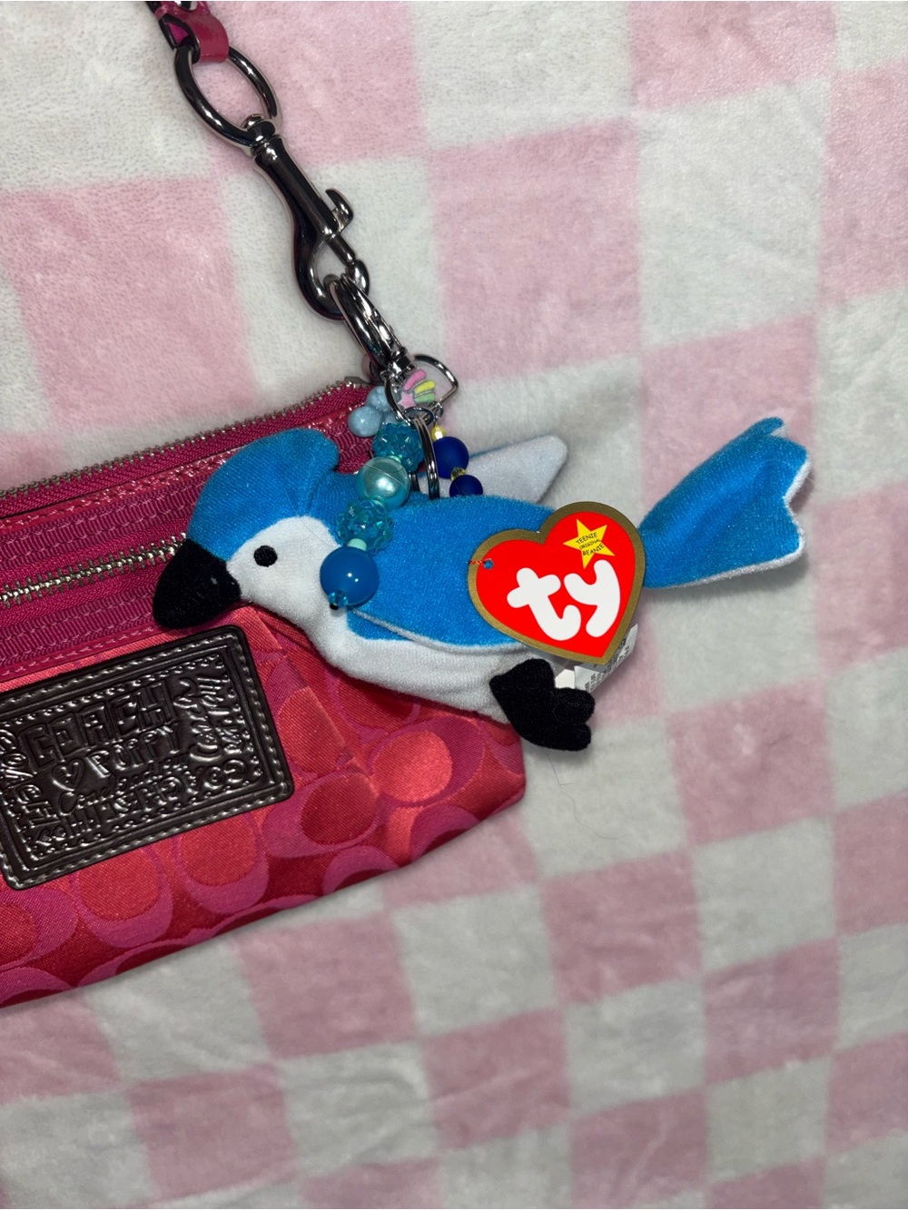 TY Beanie Baby Blue Jay Bird Keychain Plush Clip Vintage Beaded Charm